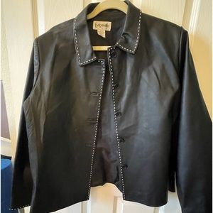Black leather jacket with white top stitch